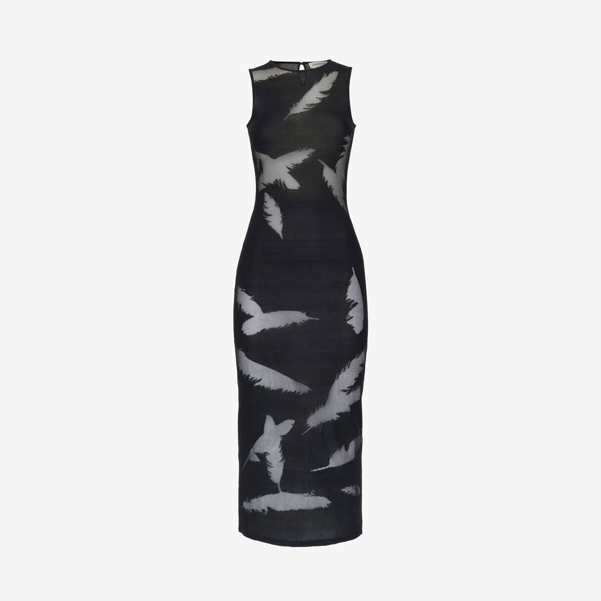 Alexander McQueen Women's Black Feather Intarsia Pencil Dress - L (Cotton, Silk & Polyamide)